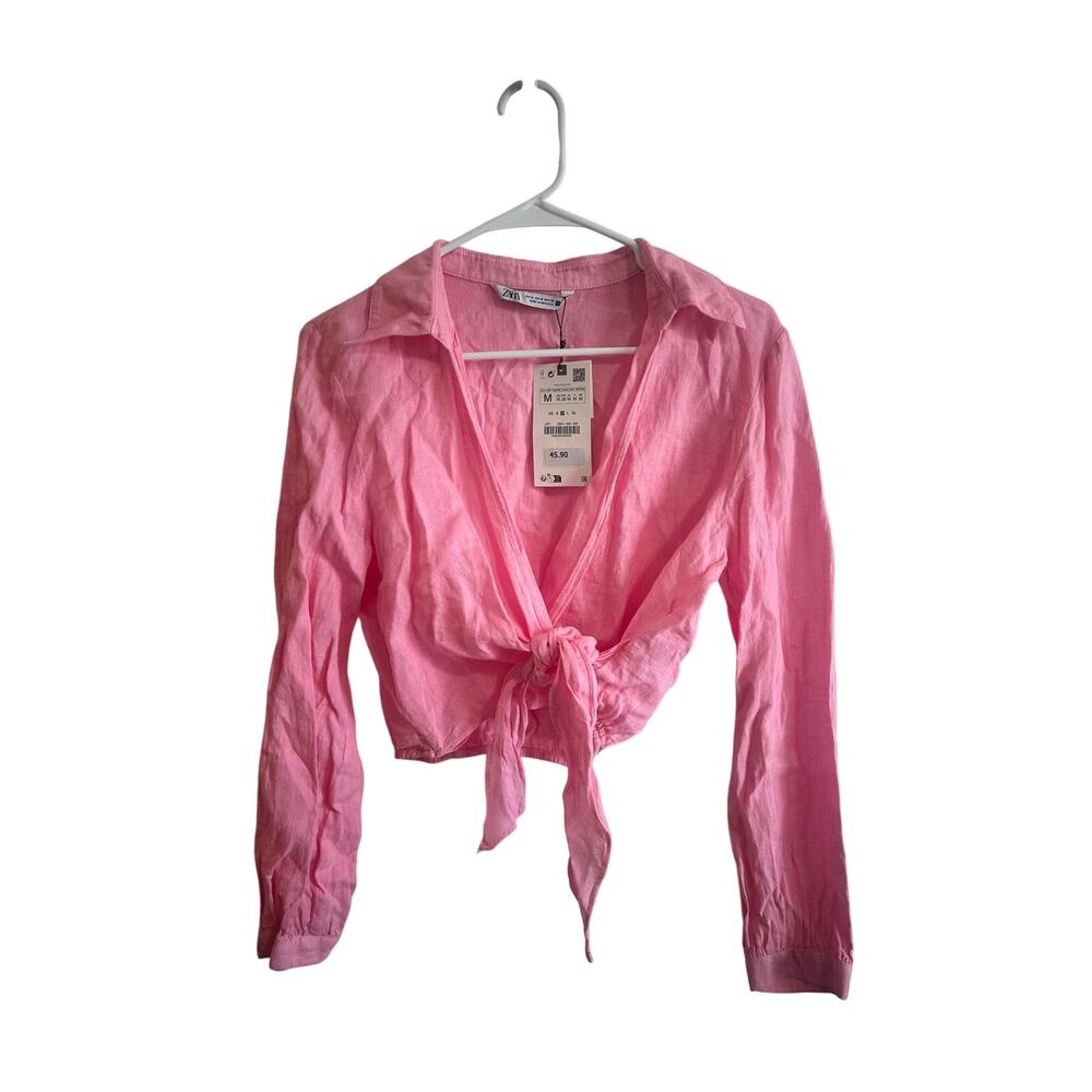Zara NWT Pink Linen Tie Front Shirt Sz M Collared Lightweight